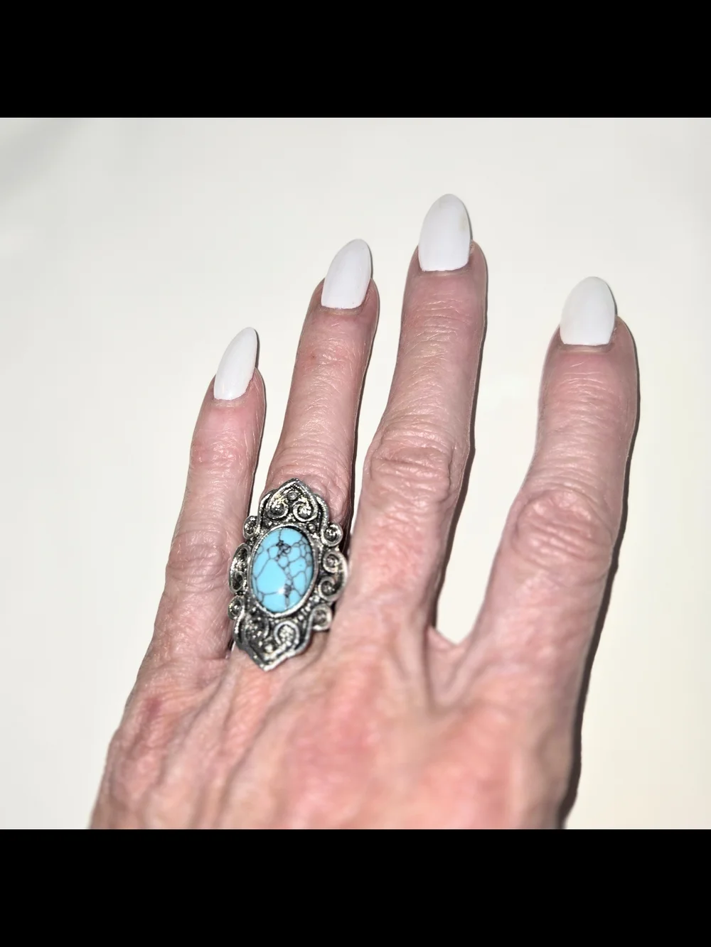 Turquoise Stone Silver Filigree Ring - Women Jewelry Size 6